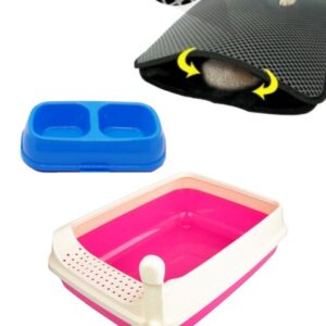 Katzentoilette mit Sieb, Katzenklo,Futter &Wassernapf,Katzenmatte