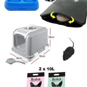 Katzen Set,Katzentoilette,Katzen Futternapf, Katzenstreu 2x 10L, Matte+Spielzeug